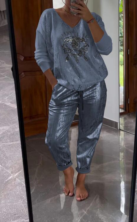 Devil's Eye Gold Foil Top and Sequin Pants Set
