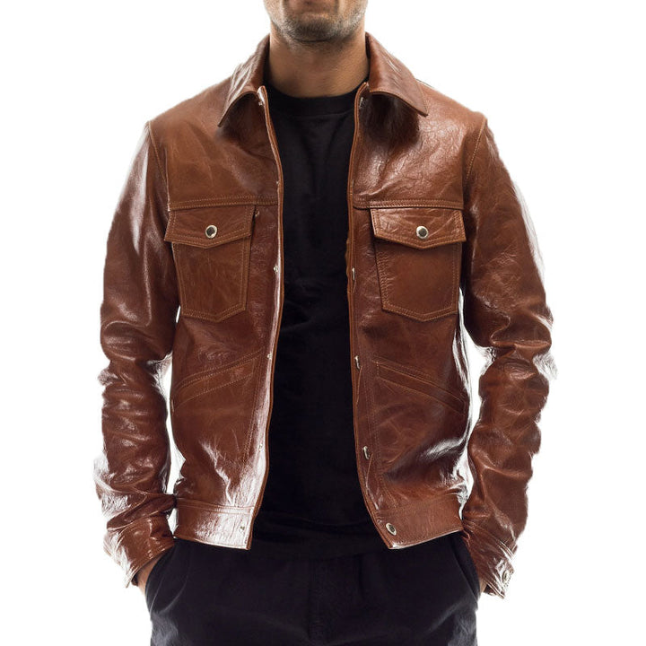 Men's Leather Pocket Lapel Jacket241200951