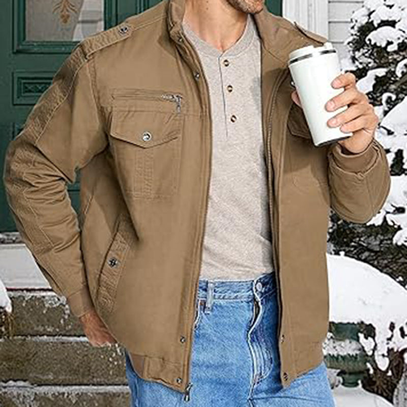 Stylish Men's Multi-Pocket Fleece-Lined Jacket with Front Zipper