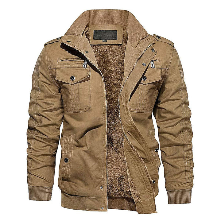 Stylish Men's Multi-Pocket Fleece-Lined Jacket with Front Zipper