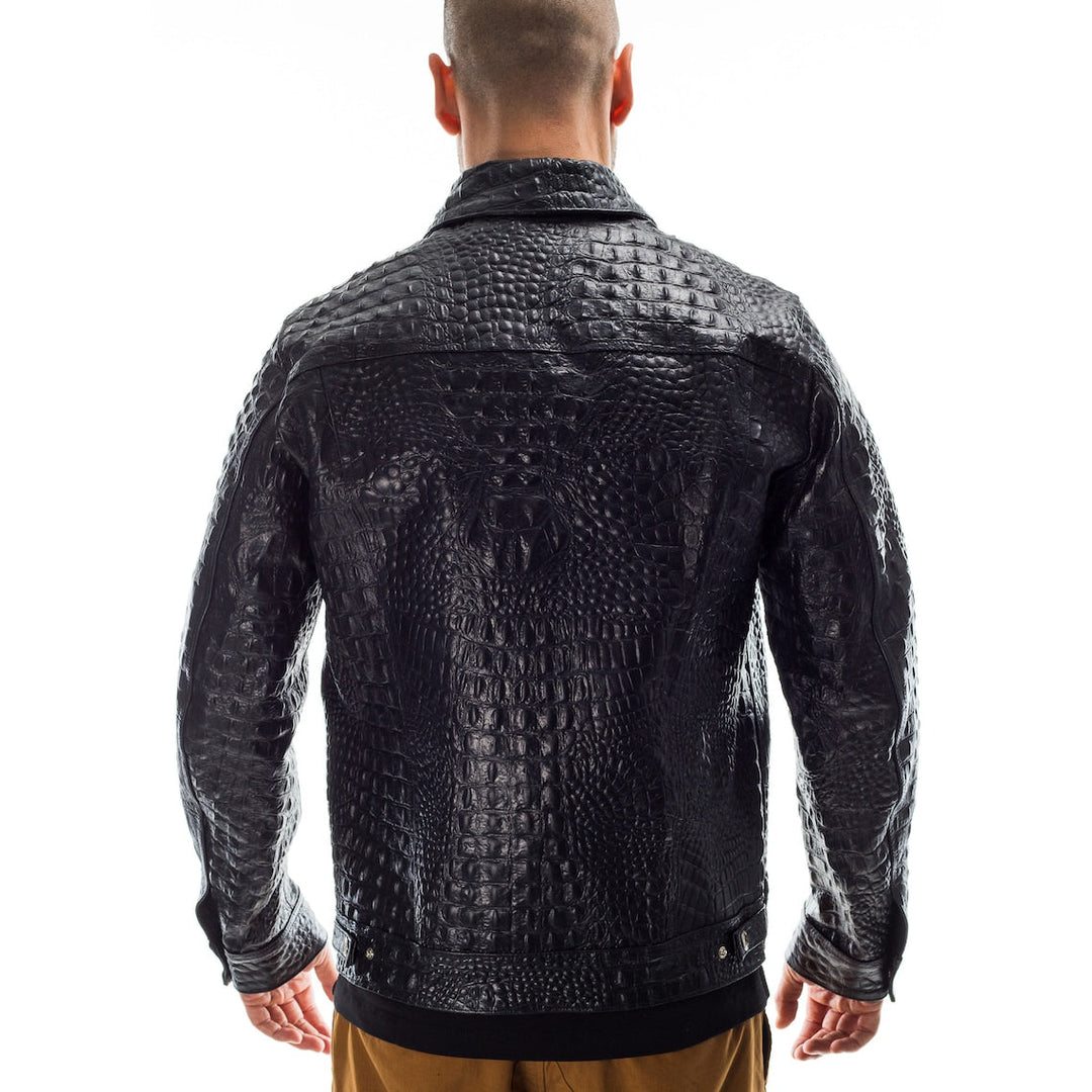 Stylish Crocodile Pattern Leather Jacket for Men with Lapel Design