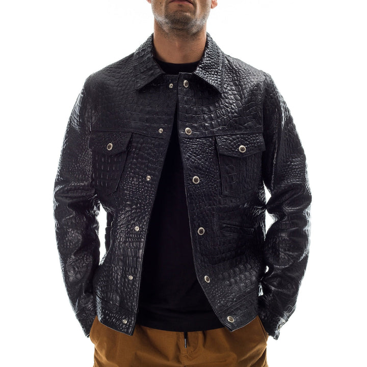 Stylish Crocodile Pattern Leather Jacket for Men with Lapel Design