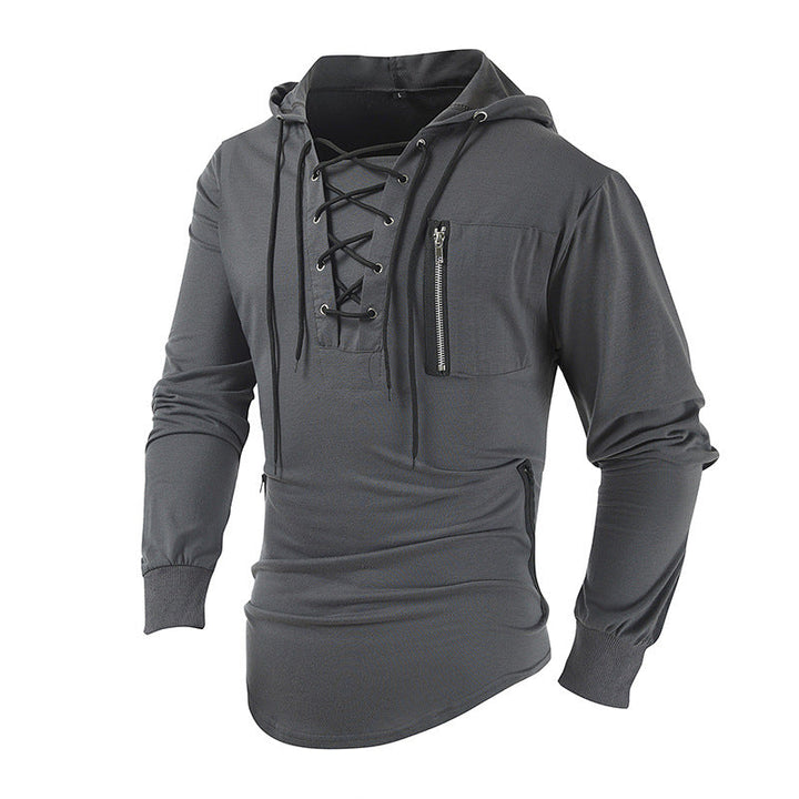 Stylish Men's Hoodie with Lace-Up Design and Convenient Zipper Pockets