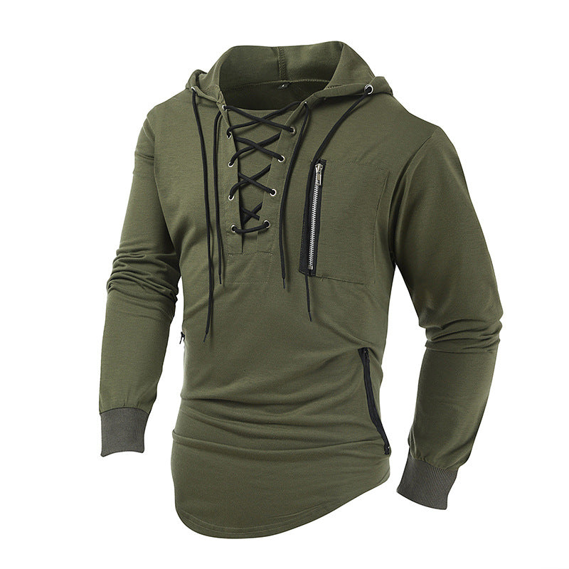 Stylish Men's Hoodie with Lace-Up Design and Convenient Zipper Pockets