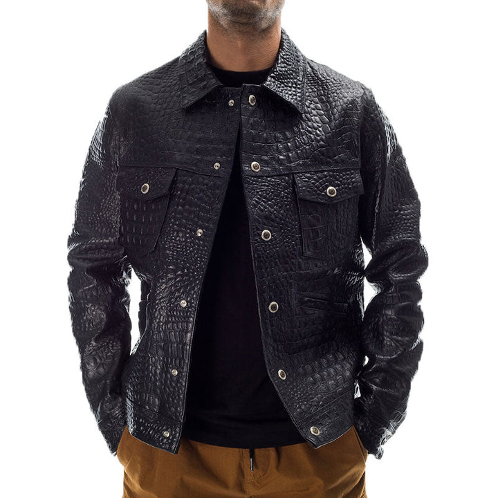 Stylish Crocodile Pattern Leather Jacket for Men with Lapel Design