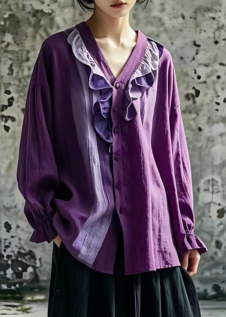 Beautiful Purple V Neck Ruffled Patchwork Shirt Fall