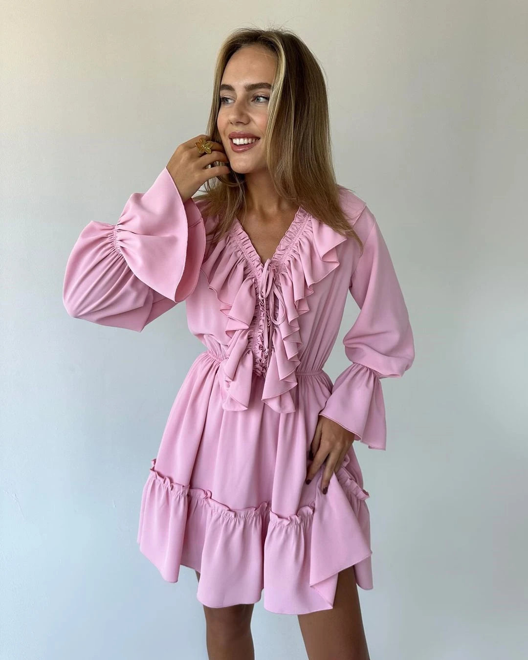 Pleated Ruffled V-Neck White Dress