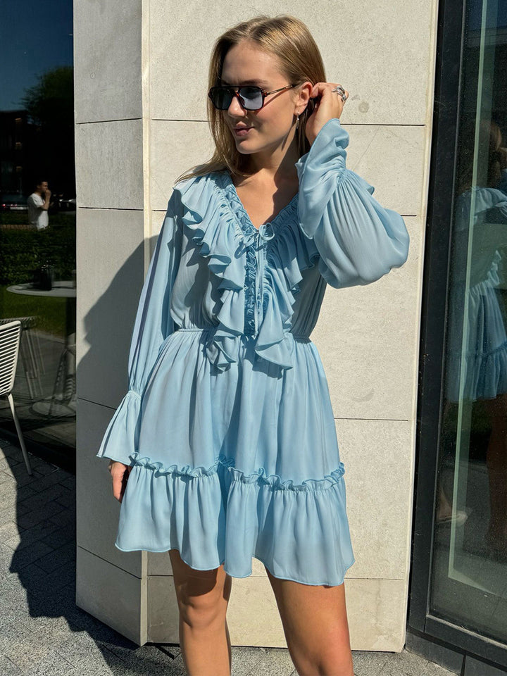 Pleated Ruffled V-Neck White Dress