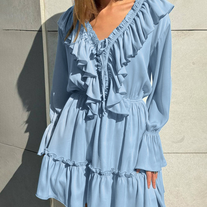 Pleated Ruffled V-Neck White Dress
