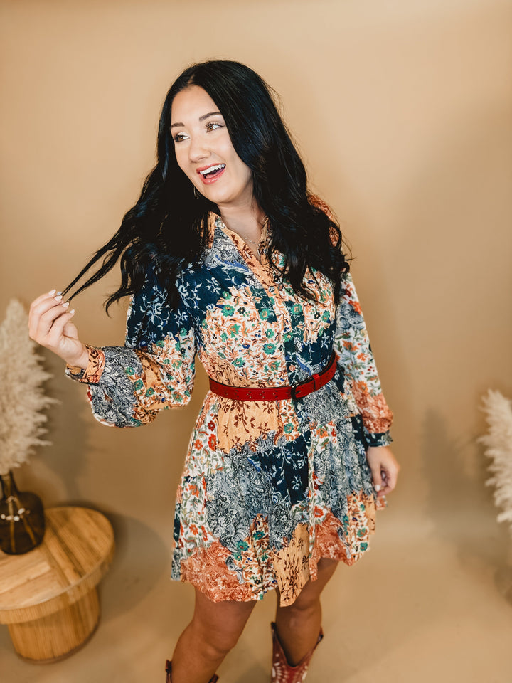 Patchwork Button Down Mini Dress - Navy