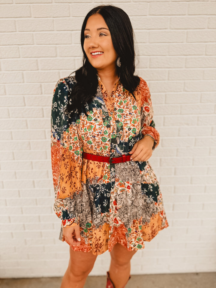 Patchwork Button Down Mini Dress - Navy