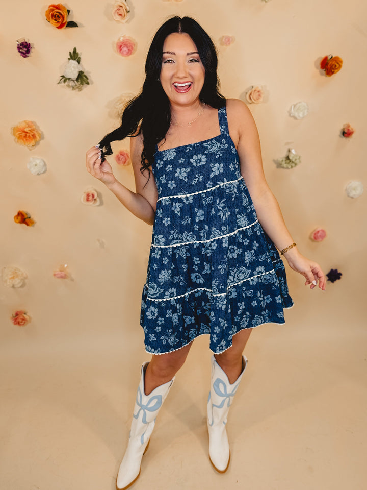 Floral Tiered Mini Dress - Dark Blue
