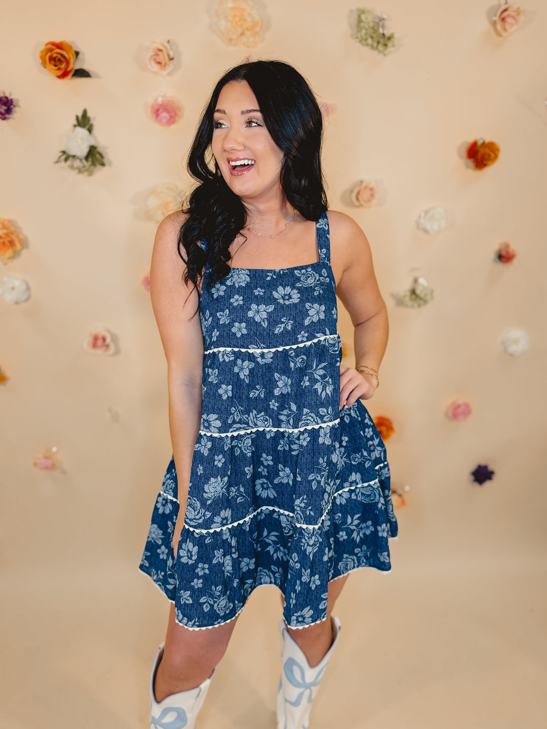 Floral Tiered Mini Dress - Dark Blue