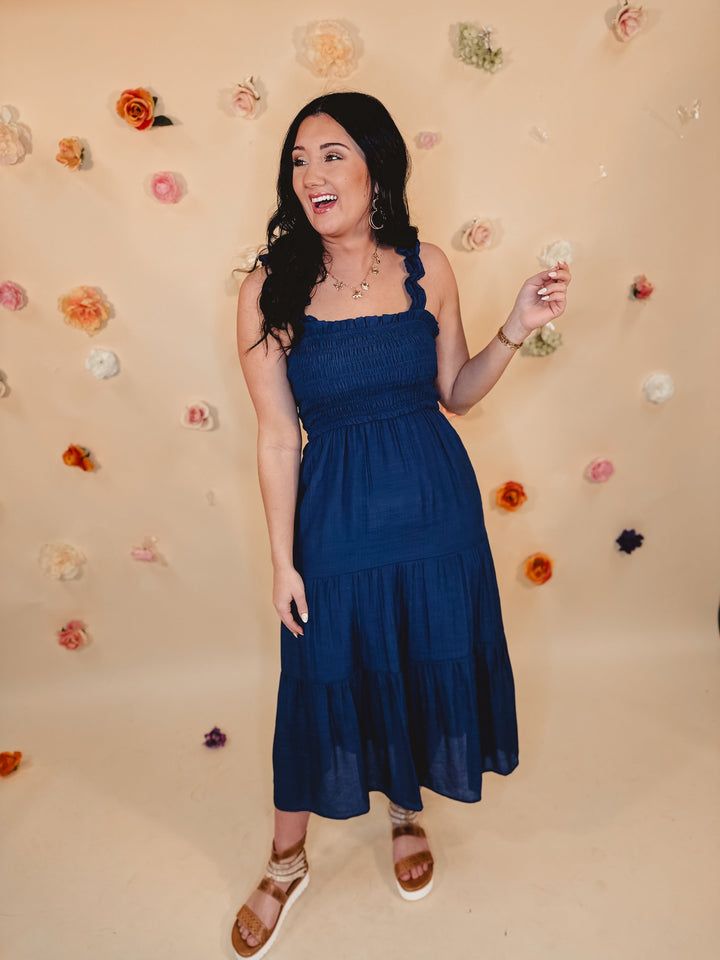 Tiered Smocked Midi Dress - Navy