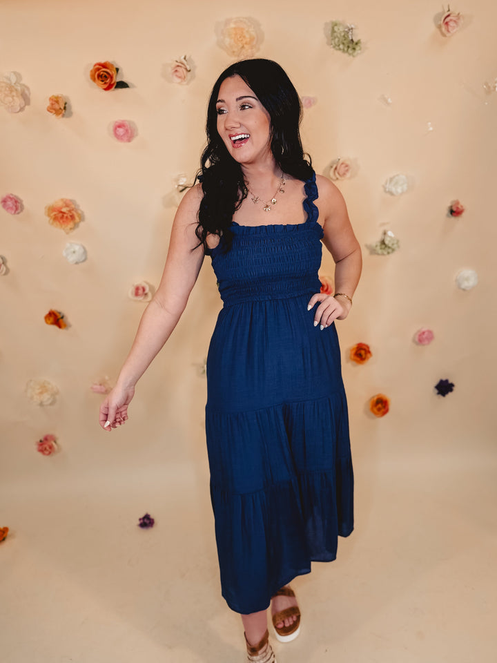 Tiered Smocked Midi Dress - Navy
