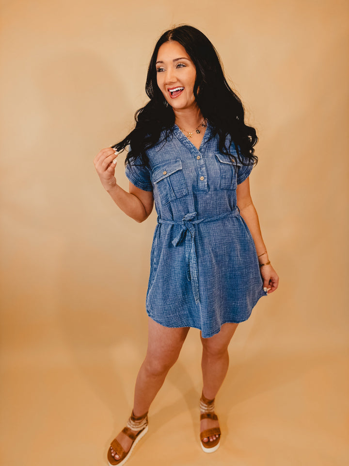 Washed V-Neck Mini Dress - Chambray
