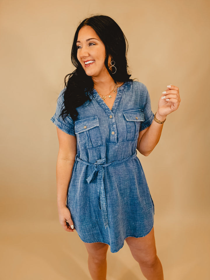 Washed V-Neck Mini Dress - Chambray