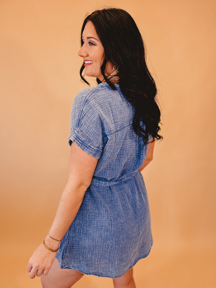 Washed V-Neck Mini Dress - Chambray