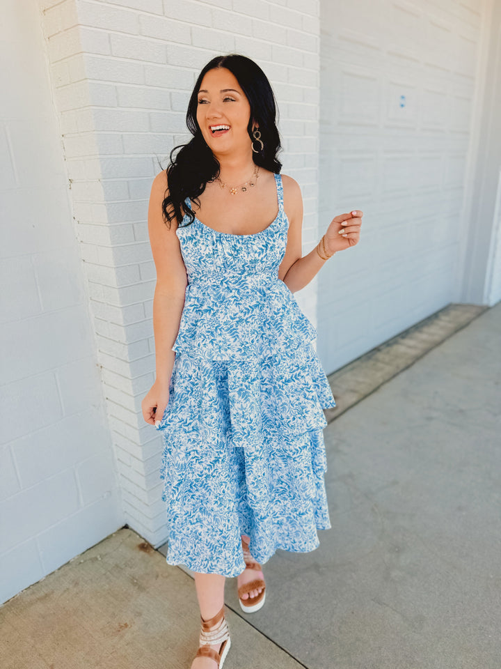 Floral Ruffled Tier Maxi Dress - Blue