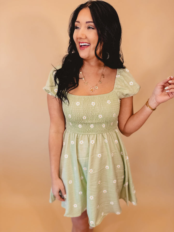 Daisy Embroidery Smocked Puff Sleeve Mini Dress - Light Sage