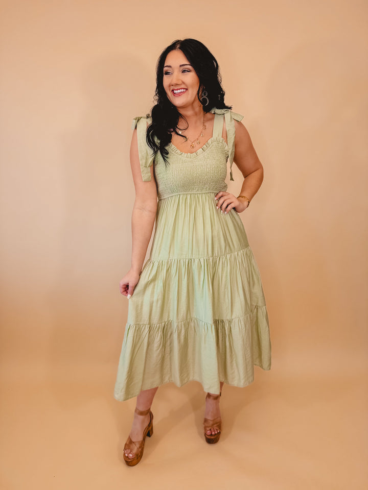 Sweetheart Neck Smocked Tiered Maxi Dress - Light Sage