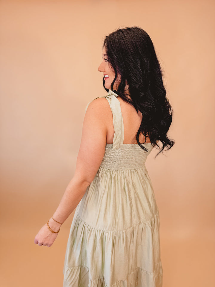 Sweetheart Neck Smocked Tiered Maxi Dress - Light Sage