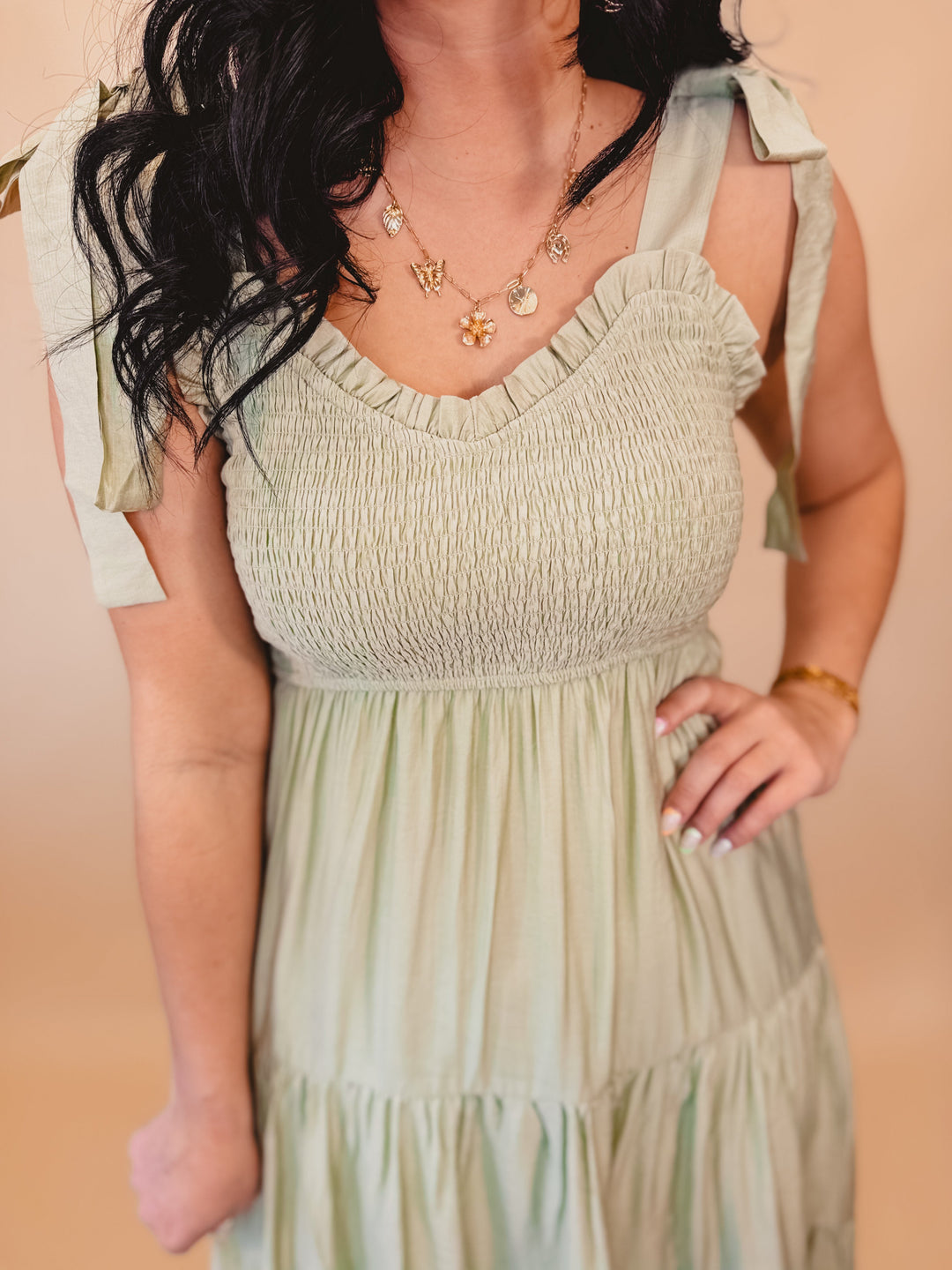 Sweetheart Neck Smocked Tiered Maxi Dress - Light Sage