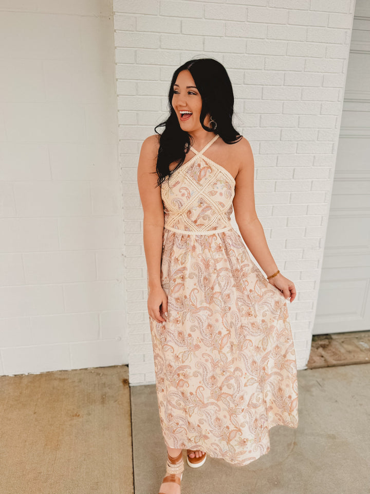 Paisley Halter Neck Embroidered Midi Dress - Cream Multi