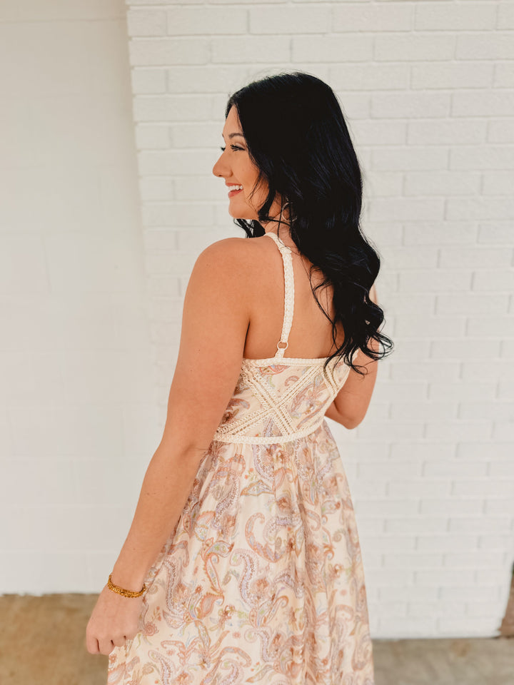 Paisley Halter Neck Embroidered Midi Dress - Cream Multi