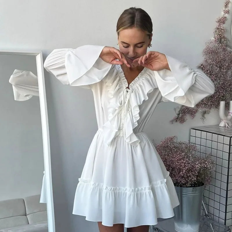 Pleated Ruffled V-Neck White Dress