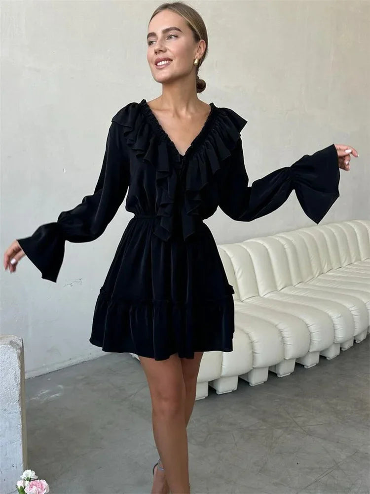 Pleated Ruffled V-Neck White Dress