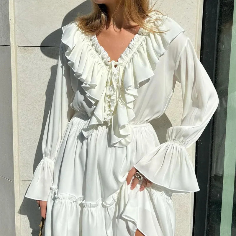 Pleated Ruffled V-Neck White Dress