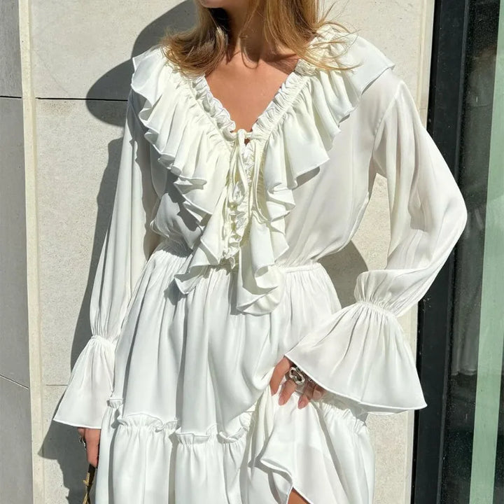 Pleated Ruffled V-Neck White Dress
