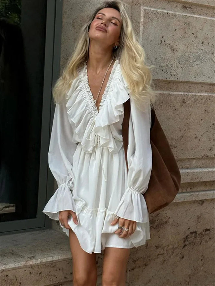 Pleated Ruffled V-Neck White Dress