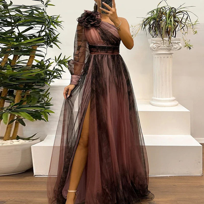Judith - Trendy One Shoulder Mesh Print Maxi Dress