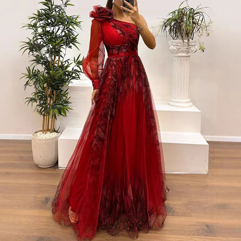 Judith - Trendy One Shoulder Mesh Print Maxi Dress