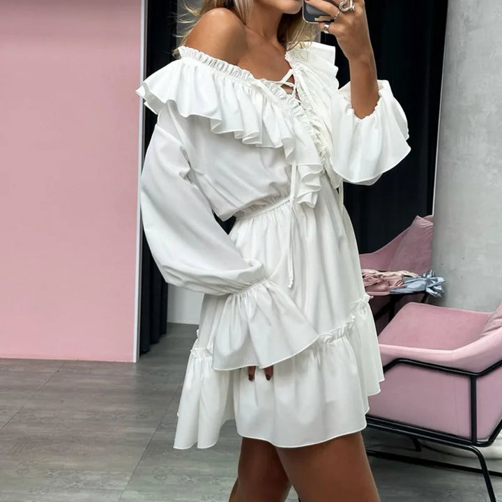 Pleated Ruffled V-Neck White Dress