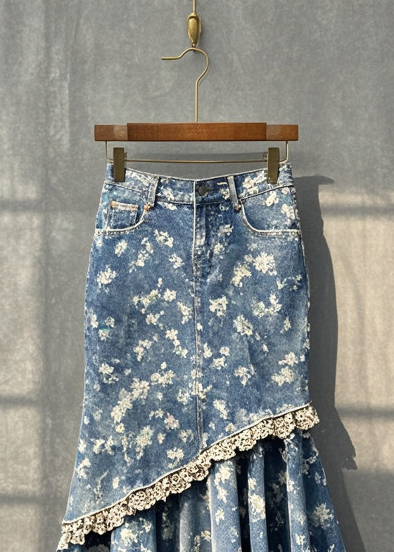 Silm Fit Blue Print Patchwork Denim Wraped Skirt Fall