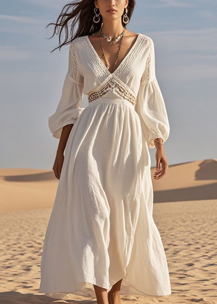 Silm Fit White V Neck Hollow Out Cotton Long Dress Spring