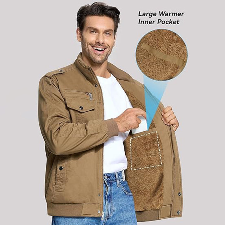 Stylish Men's Multi-Pocket Fleece-Lined Jacket with Front Zipper