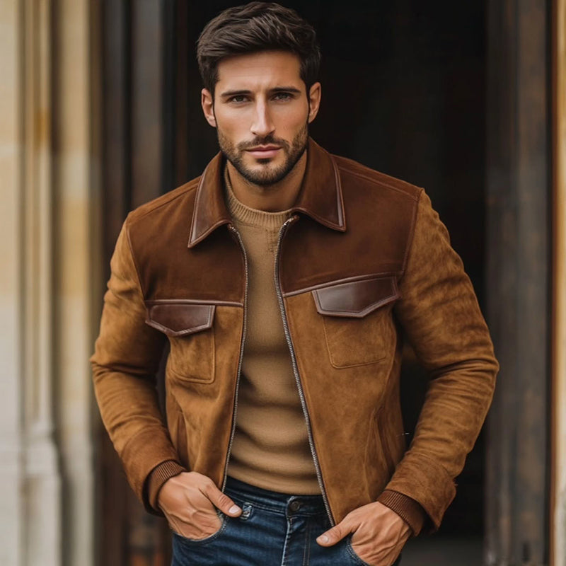 Stylish Men's Patchwork Leather Lapel Jacket