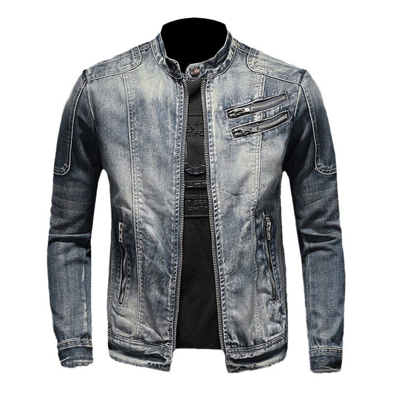 Stylish Men's Denim Jacket with Stand Collar and Zipper Closure