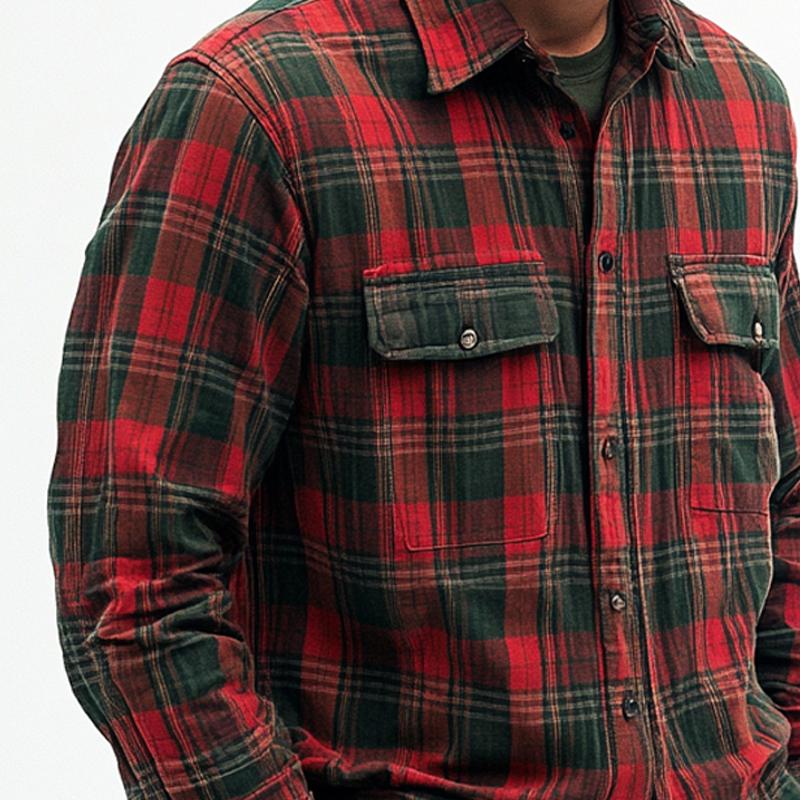 Men's Vintage Red Plaid Long Sleeve Shirt 24329713U