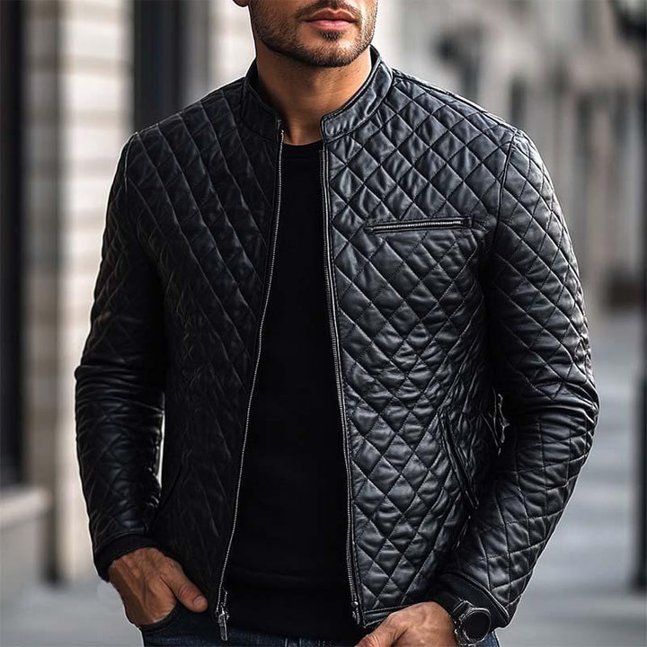 Men's Fashion Casual Diamond Quilted Slim Fit Leather Jacket 51184456K