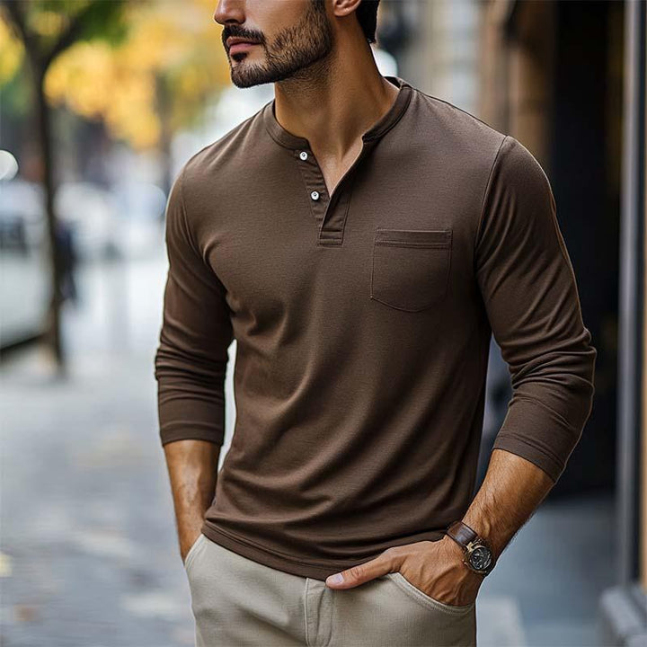 Men's Classic Casual V-Neck Pocket Cotton Long Sleeve T-Shirt 79171991K