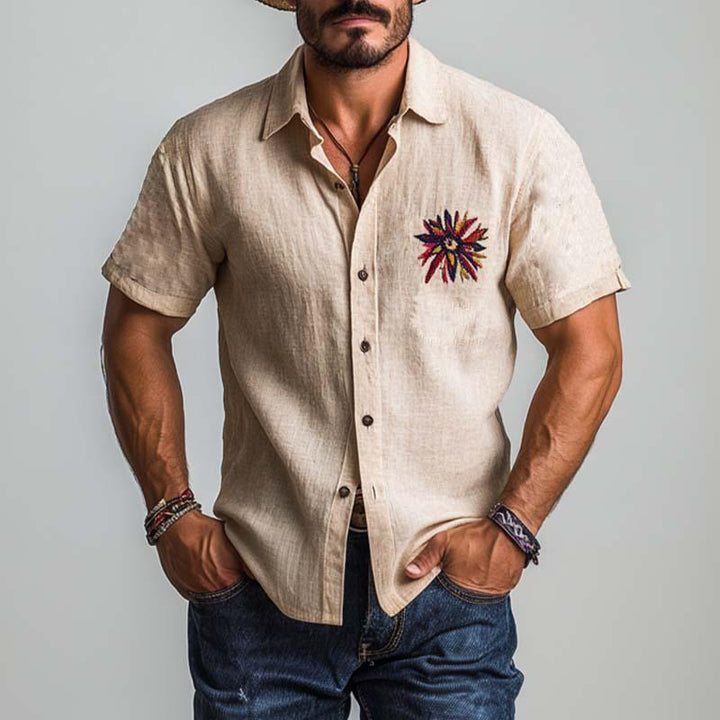 Men's Classic Vintage Slim Fit Chest Embroidered Linen Shirt 35270779K