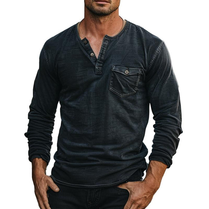 Men's Vintage Distressed Henley Collar Long Sleeve T-Shirt 88474232X