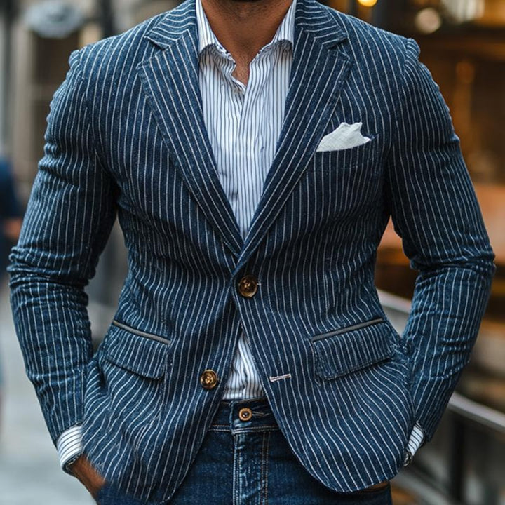 Men's Dark Blue Vertical Striped Blazer 08076802U