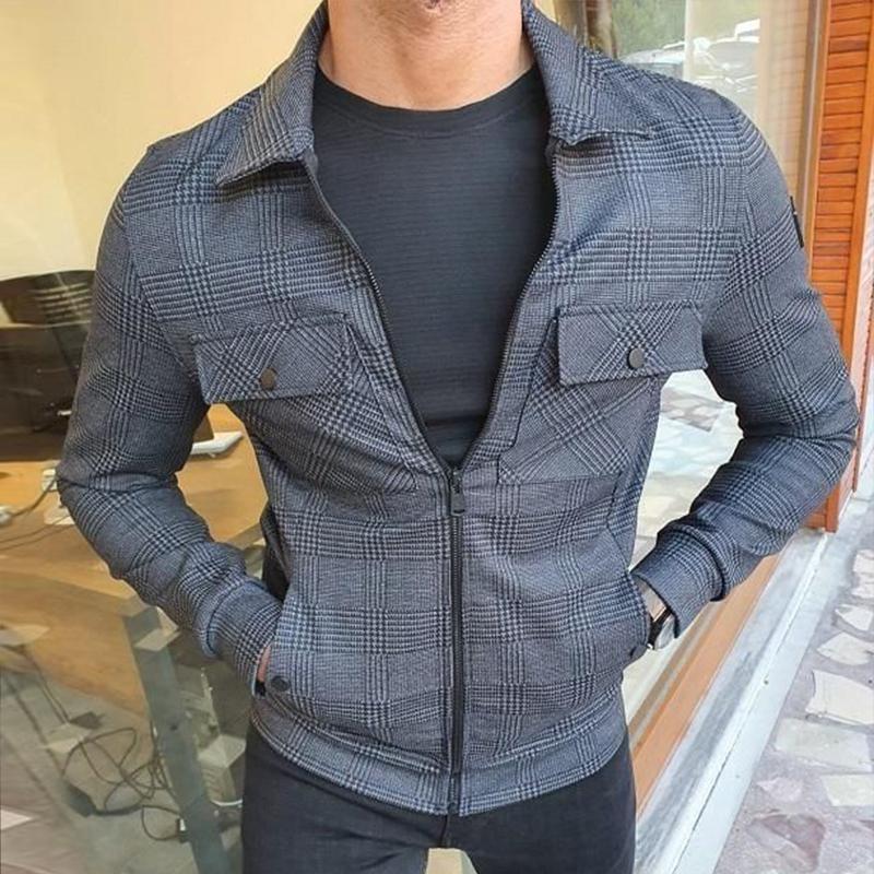 Men's Retro Casual Plaid Lapel Zipper Cropped Jacket 68627887TO