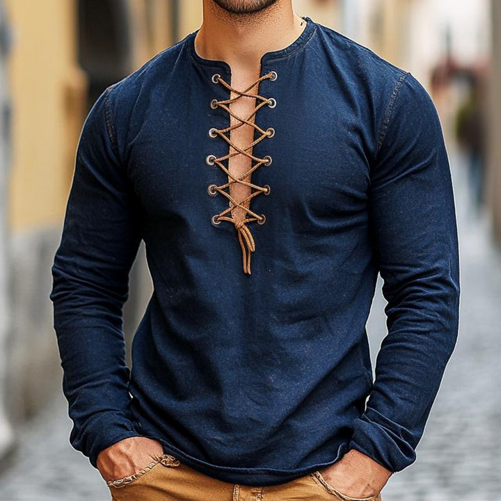 Men's Retro Casual Solid Color Lace-up Long Sleeve T-shirt 56926737TO